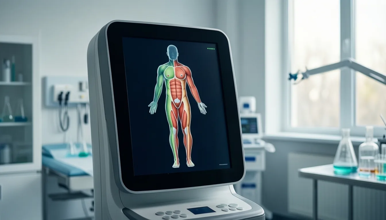 A body composition scan display segmenting lean and fat tissue.