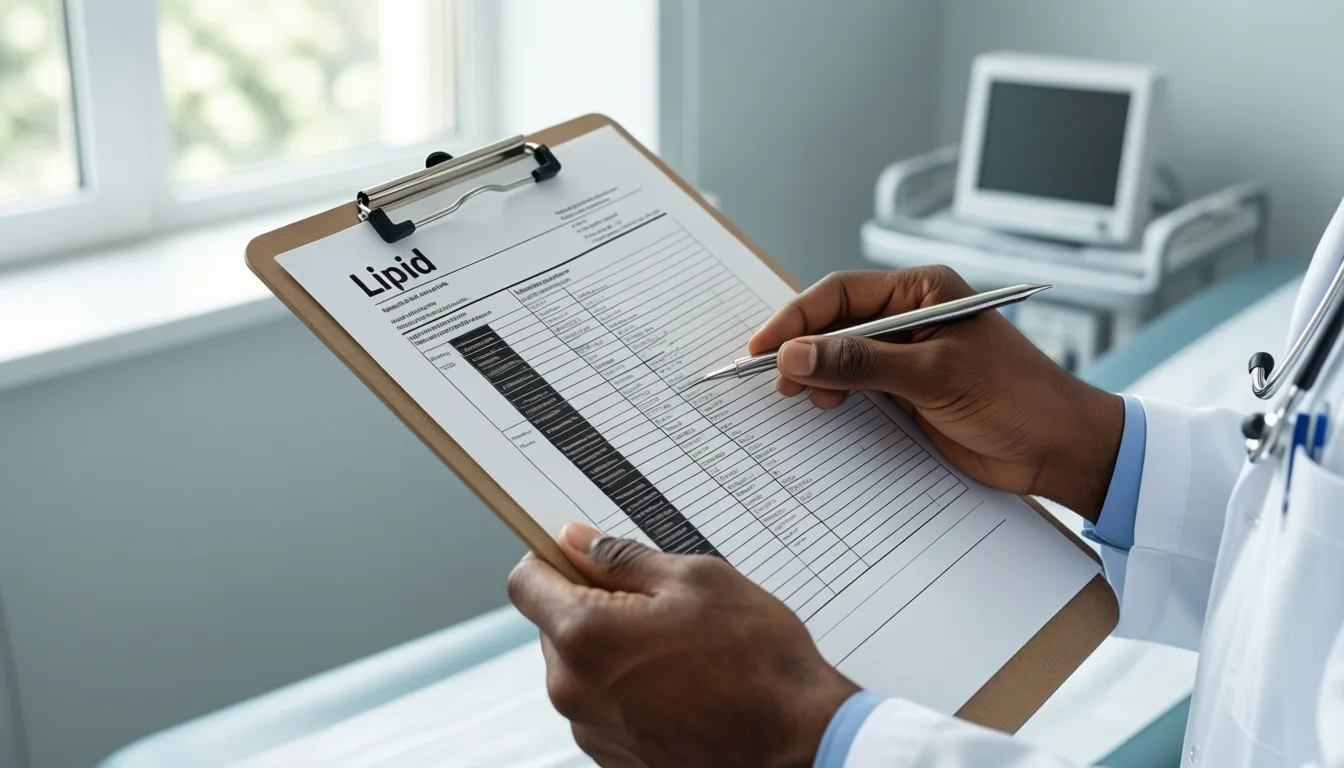 A clinician reviewing a printed lipid panel report in a clinic