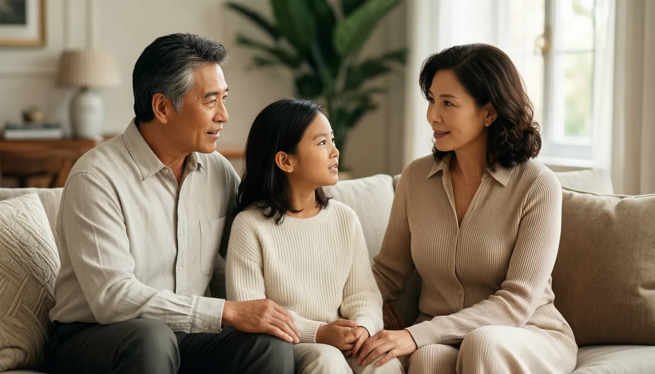 Three generations of a family sitting together in a living room