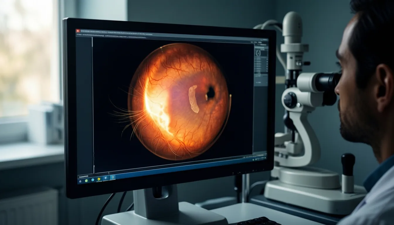 A retinal fundus image on a clinical monitor