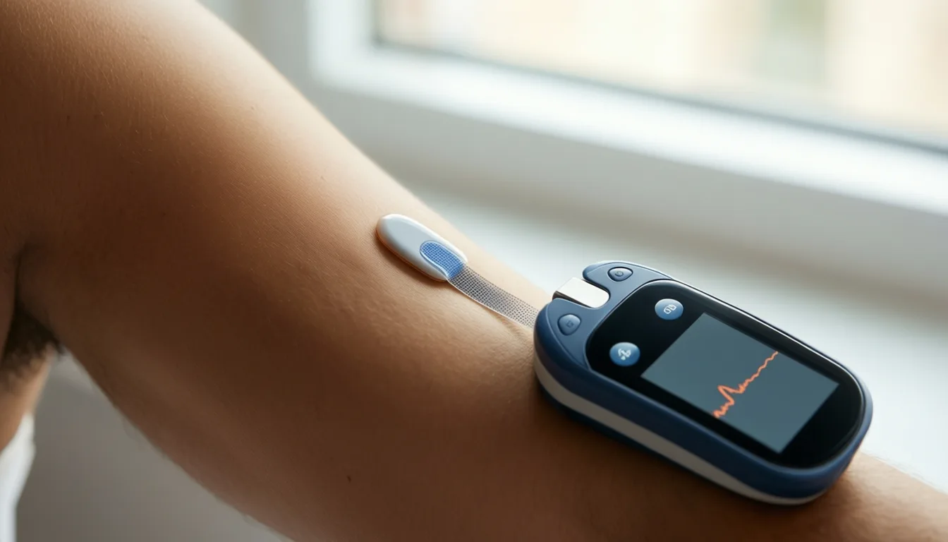 A continuous glucose monitor sensor on an upper arm with a phone showing a glucose trace