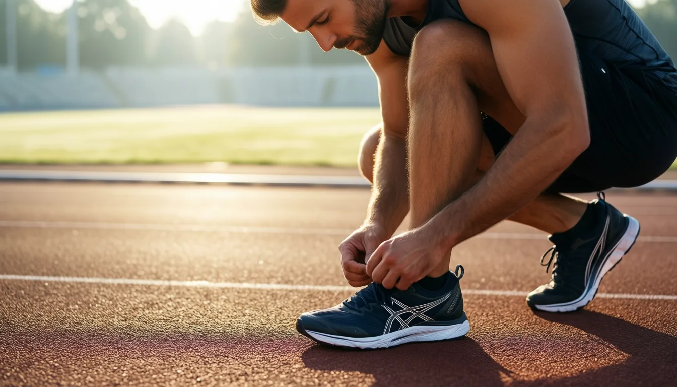 Runner lacing shoes at dawn on a track
