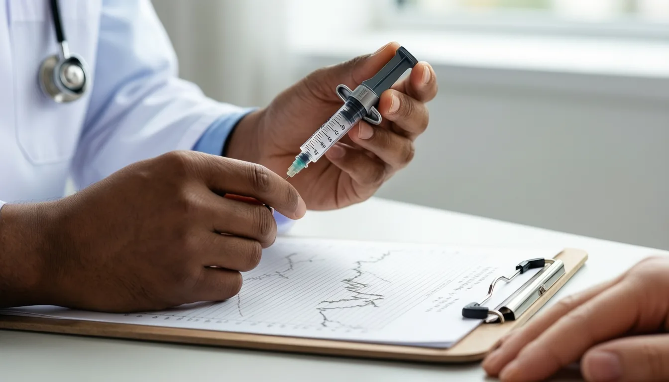A clinician holding an injector pen beside a patient chart with a weight trend graph