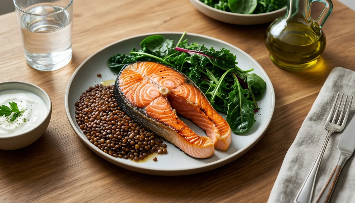 Overhead view of a protein-rich Mediterranean-style meal on a wooden table