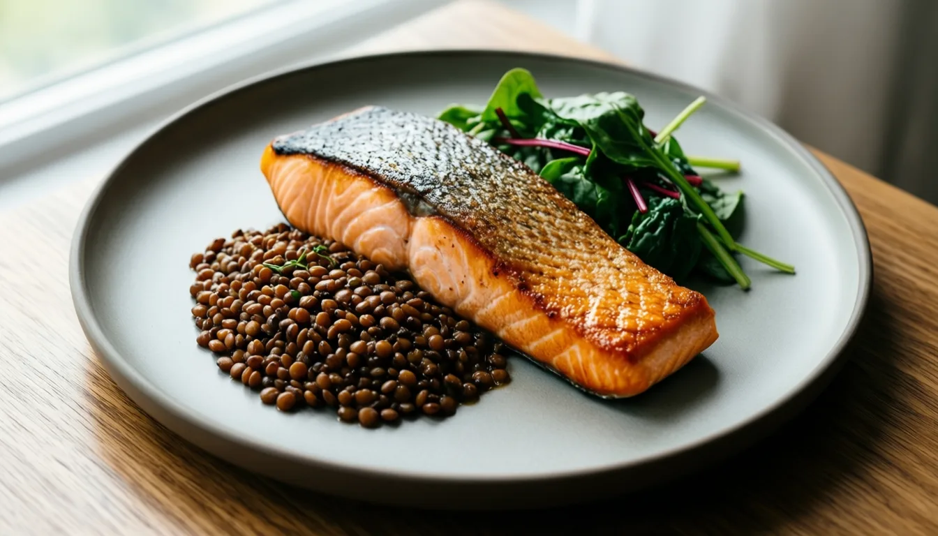 Overhead view of a high-protein plated meal