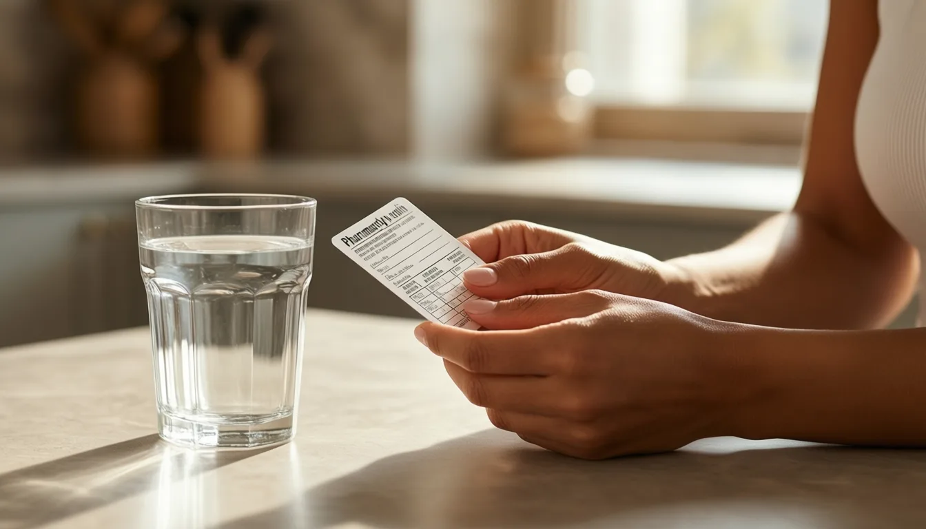 A woman's hands holding a vaccine record card on a kitchen counter
