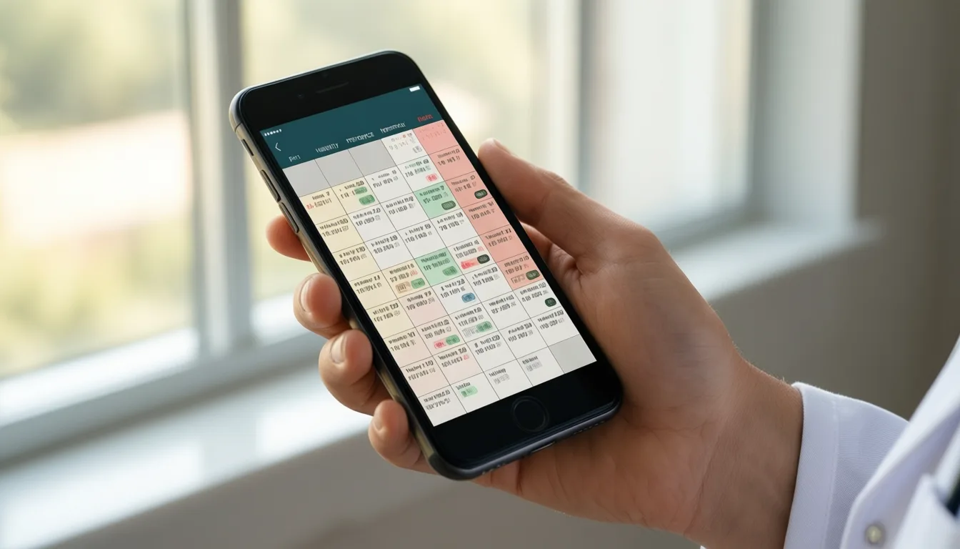 A hand holding a phone displaying a packed calendar