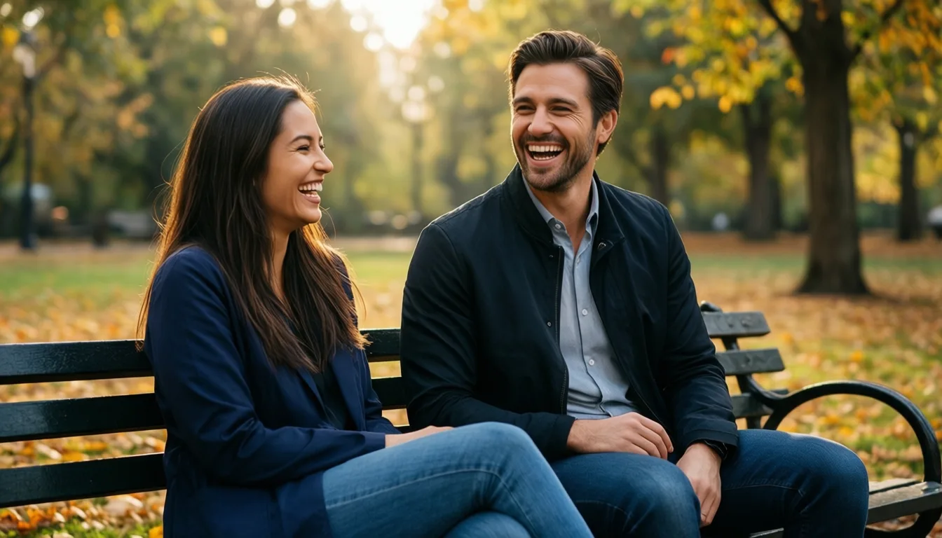 Two friends laughing on a park bench