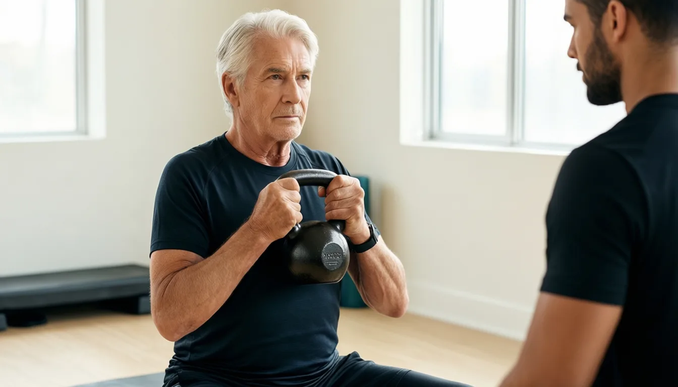 An older adult lifting a kettlebell under a coach's supervision in a clean studio.