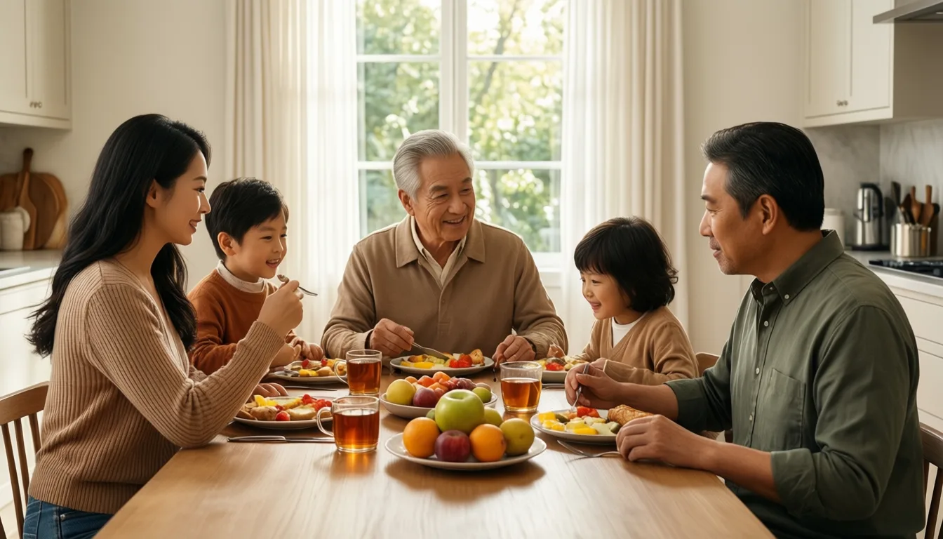 A family sharing breakfast at a sunlit table