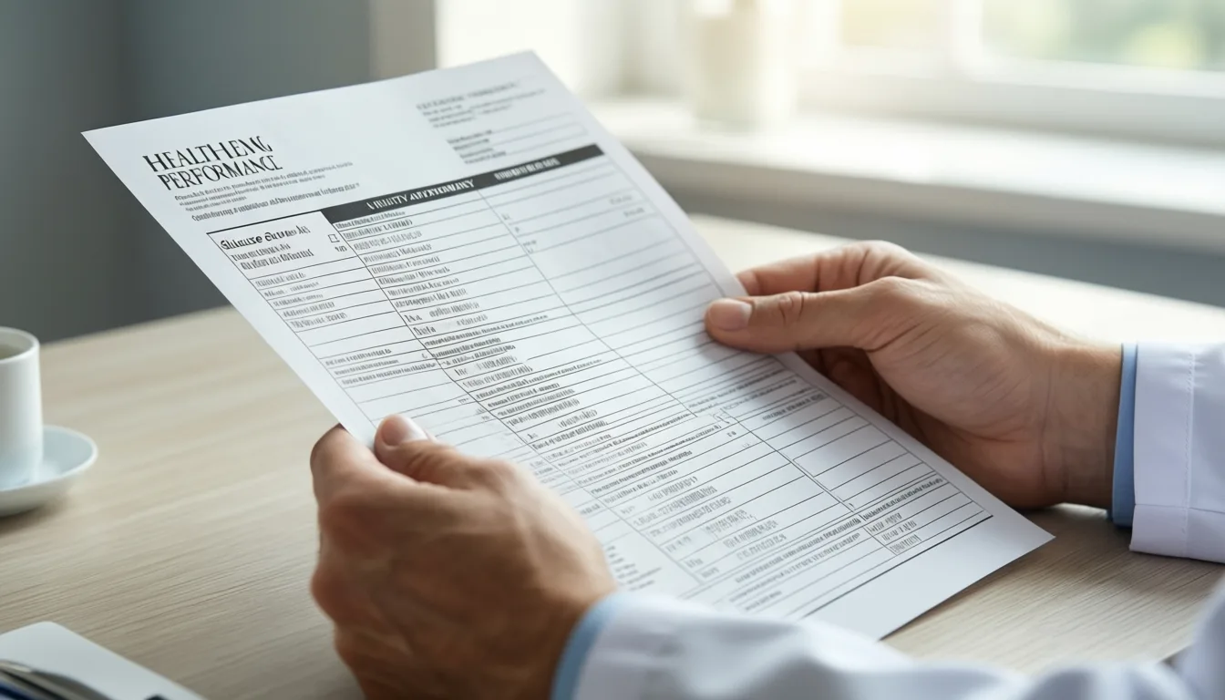 Hands reviewing a printed lab report on a desk