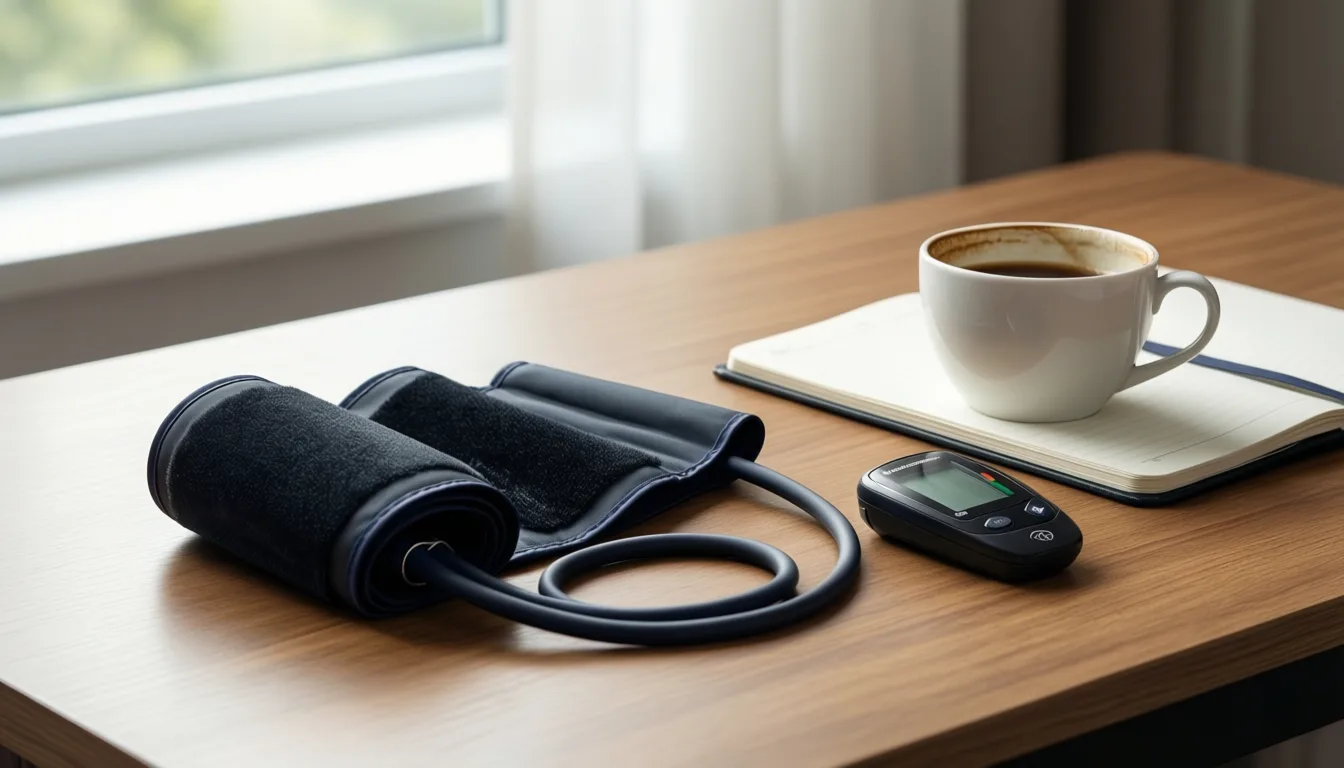 A blood pressure cuff, glucose monitor, and notebook on a clinician's desk