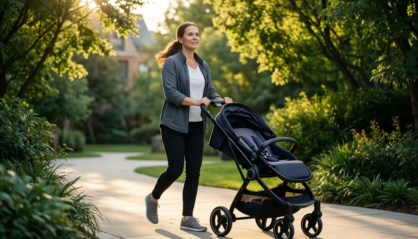 A parent walks briskly through a neighborhood pushing a stroller in evening light