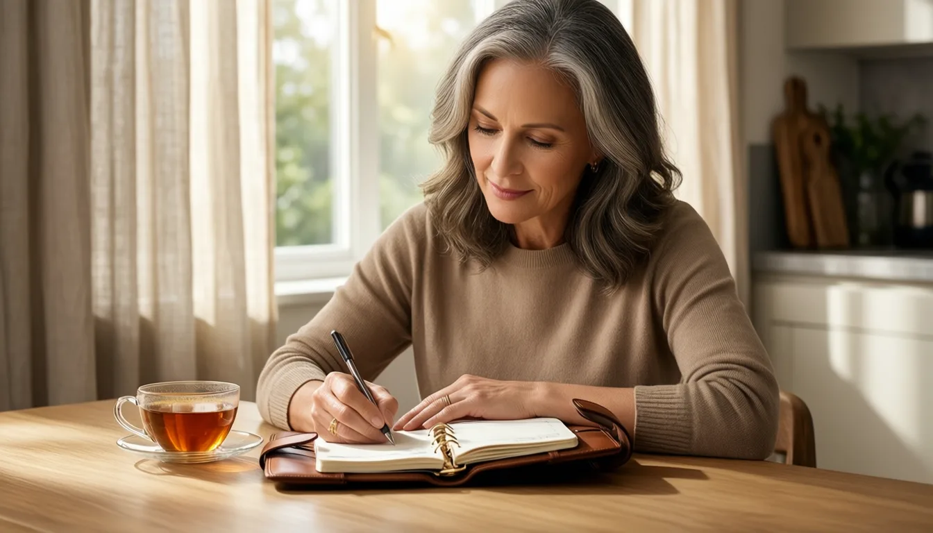 Woman writing in a planner at a sunlit kitchen table