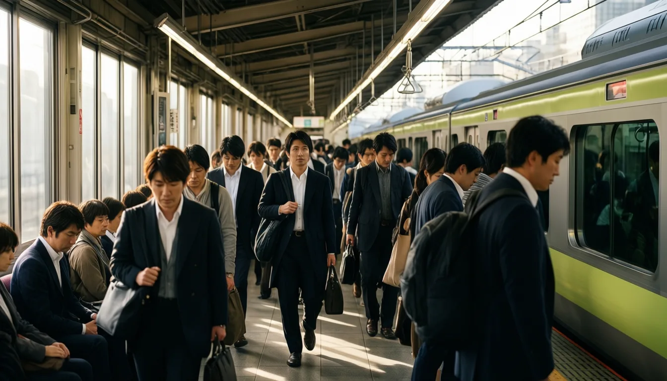 Commuters walking on a Japanese train platform during morning rush