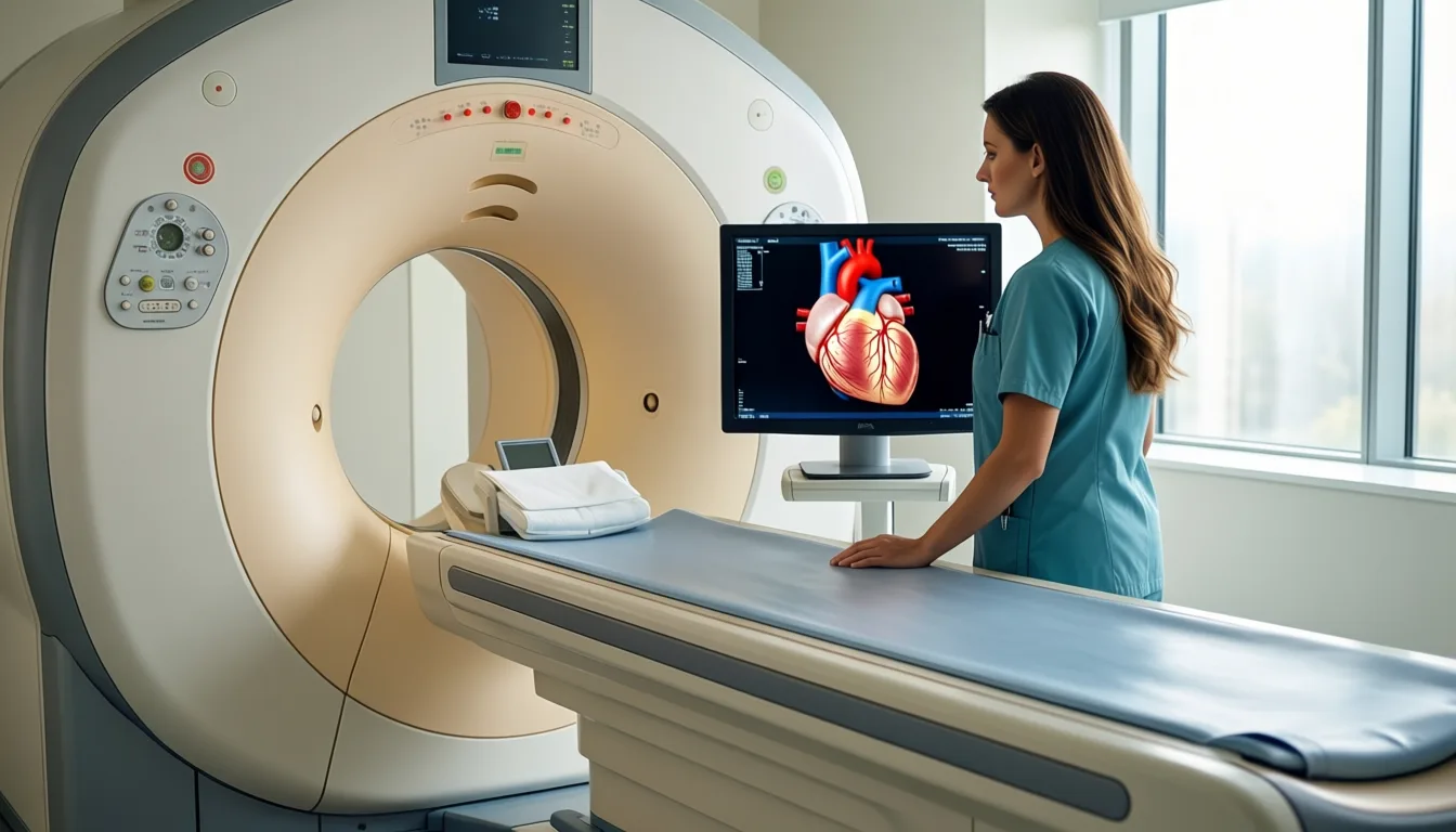 Cardiac MRI scanner and monitor showing a heart image