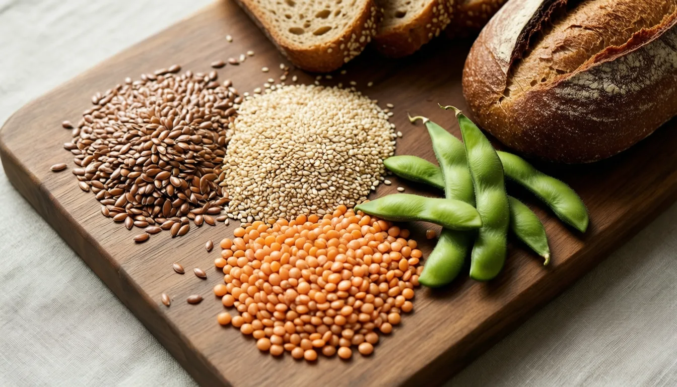 Seeds, legumes, and whole grains arranged on a wooden board