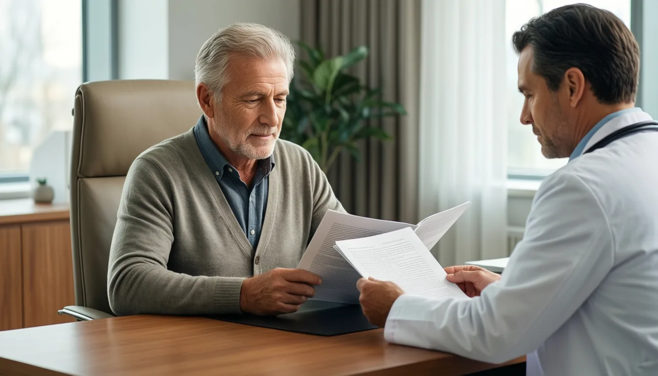 An older man and his physician reviewing a document together in a clinic