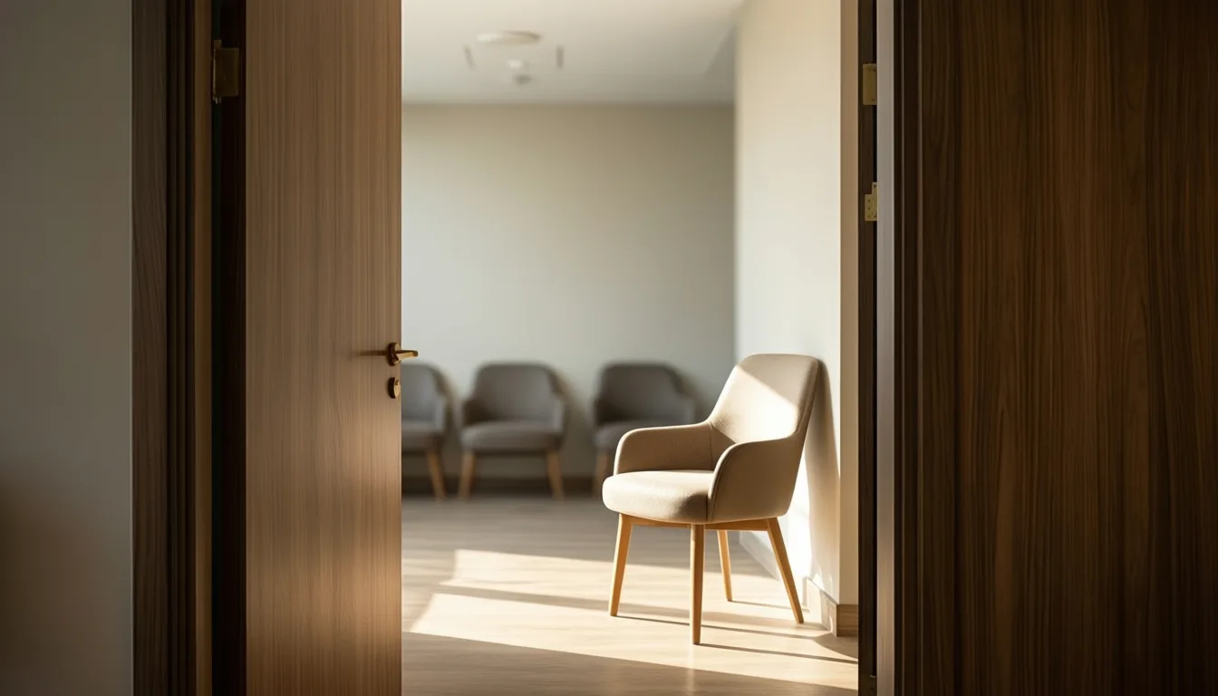 empty chair in a softly lit neurology clinic