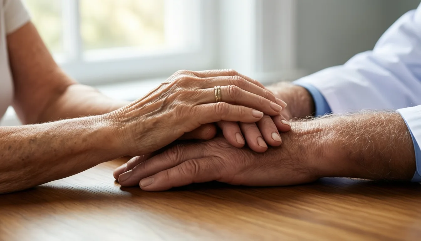two pairs of elderly hands resting on a wooden table