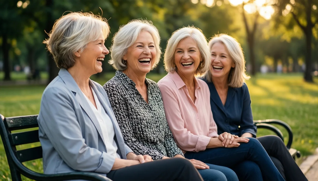 older women laughing together on a park bench