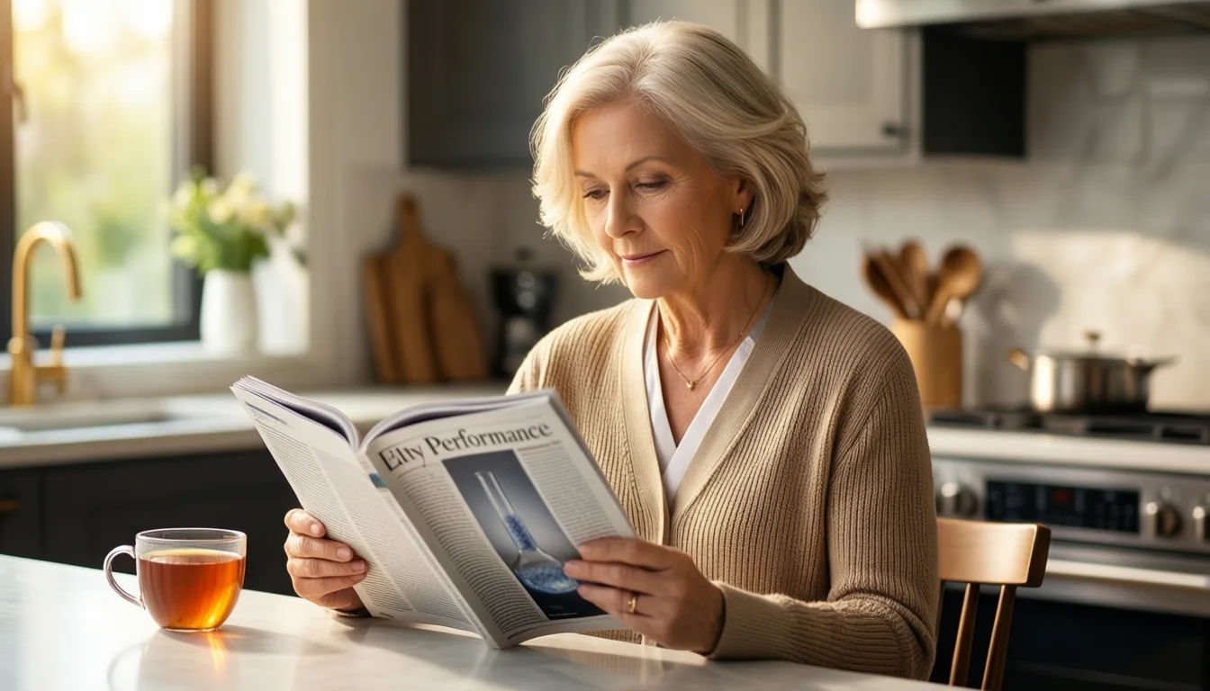 A woman in her sixties reading a journal at a kitchen table in morning light