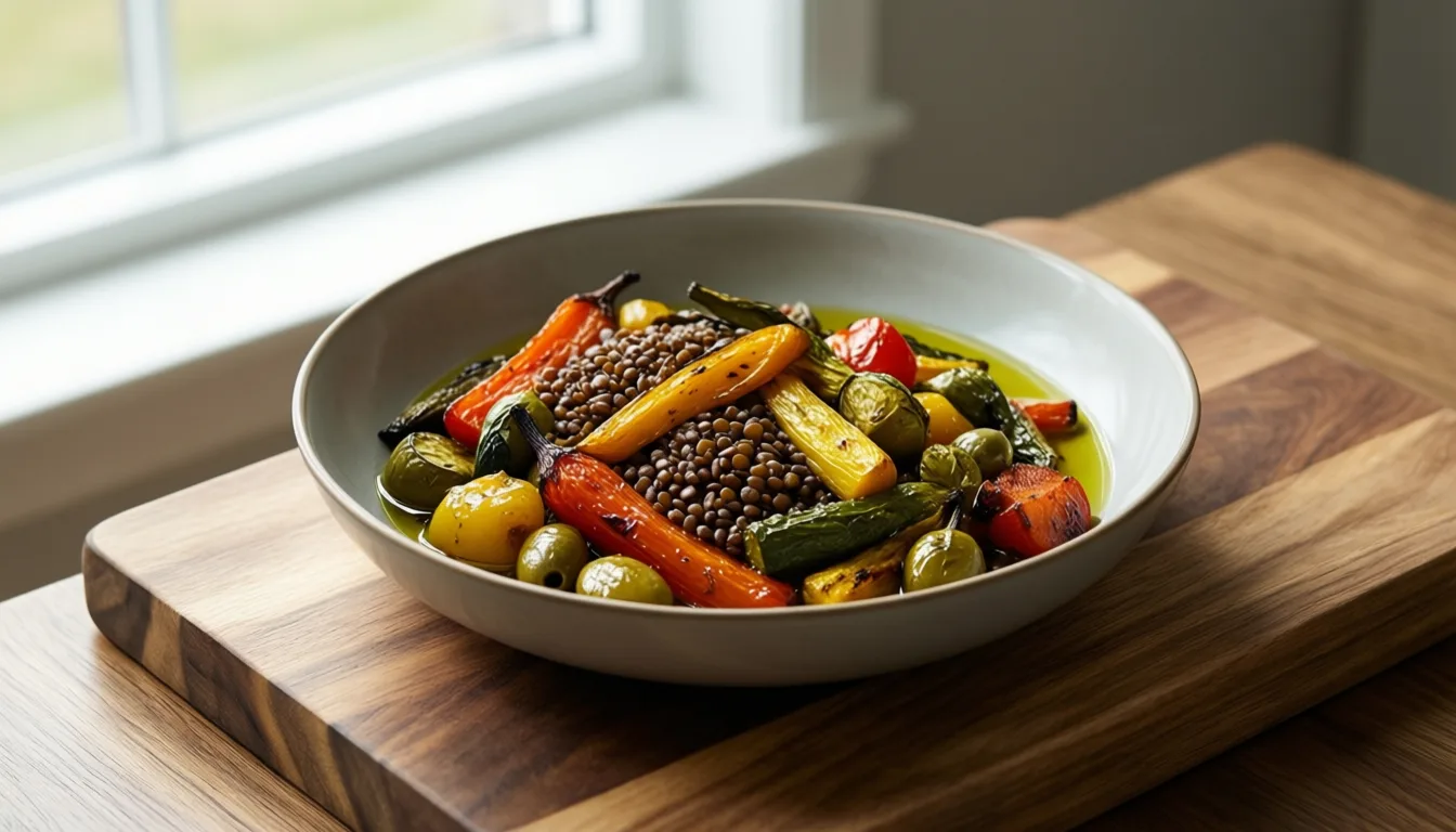 A bowl of roasted vegetables and lentils on a wooden board