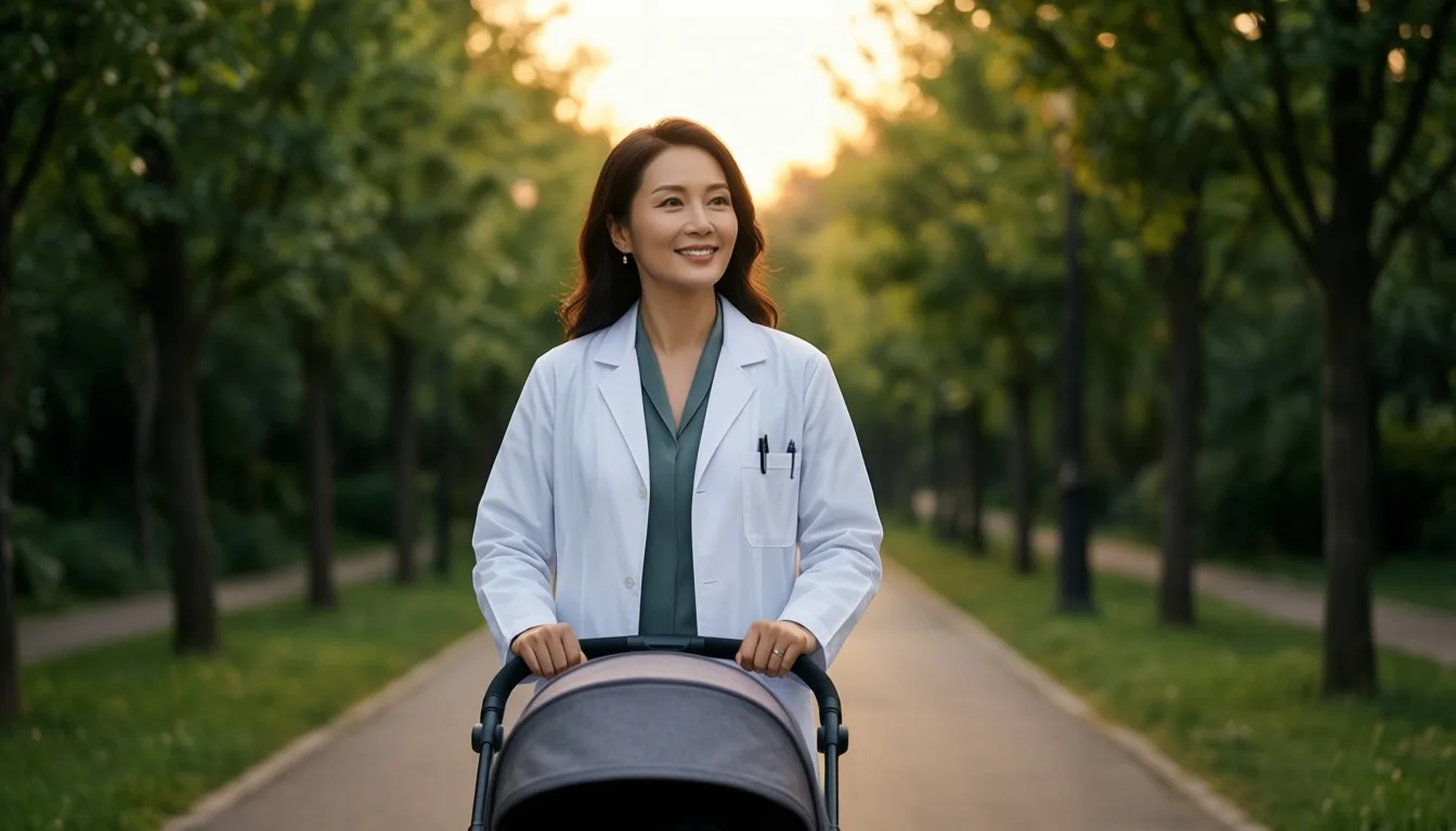 A parent walking outside with a stroller at golden hour