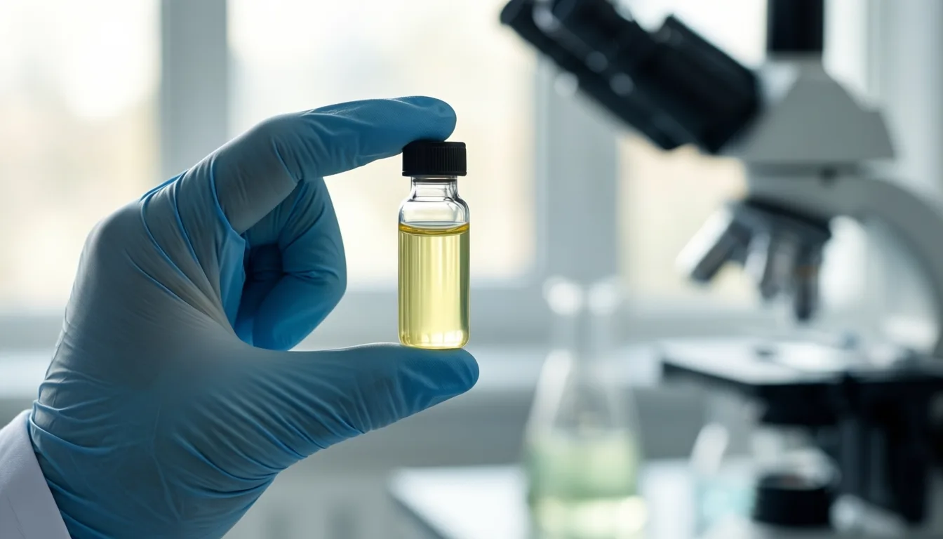 A vial of blood plasma held in a laboratory
