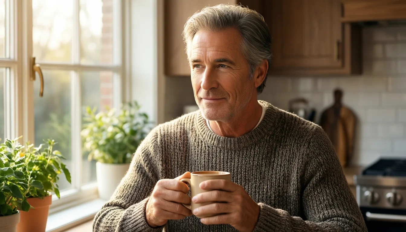 An older man sitting quietly by a kitchen window in morning light