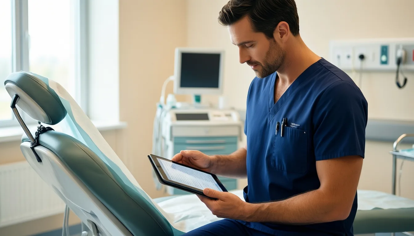 Anesthesia clinician reviewing a chart in a procedure room