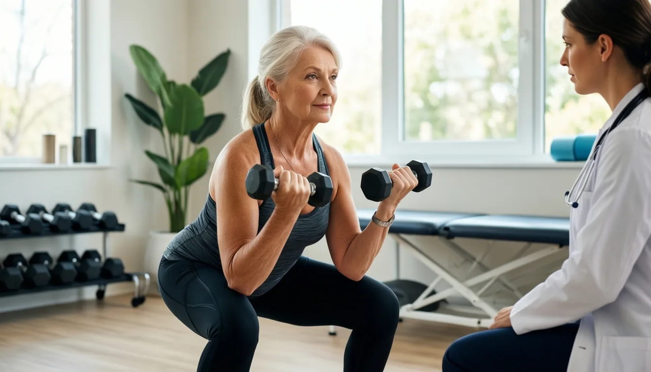 Older adult performing a weighted squat under supervision