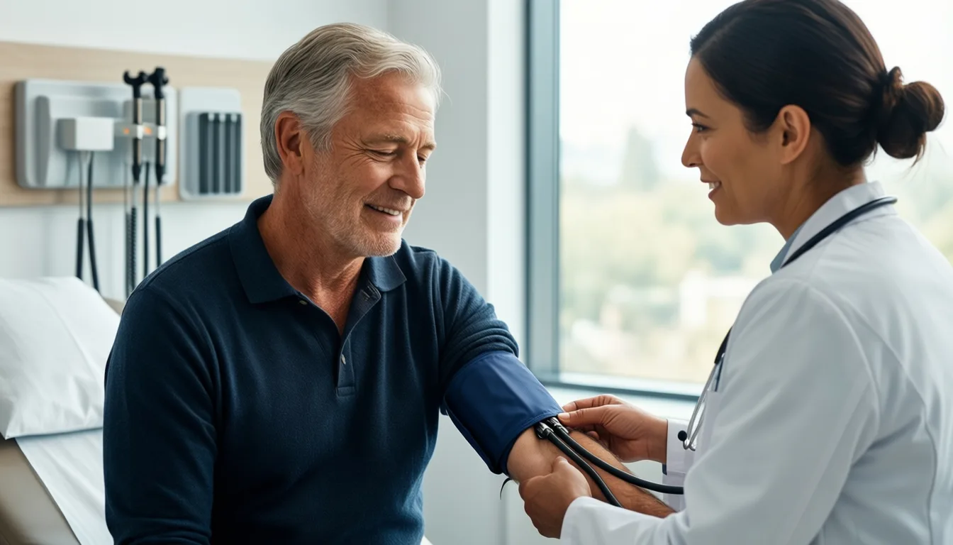 older man having blood pressure checked by a clinician