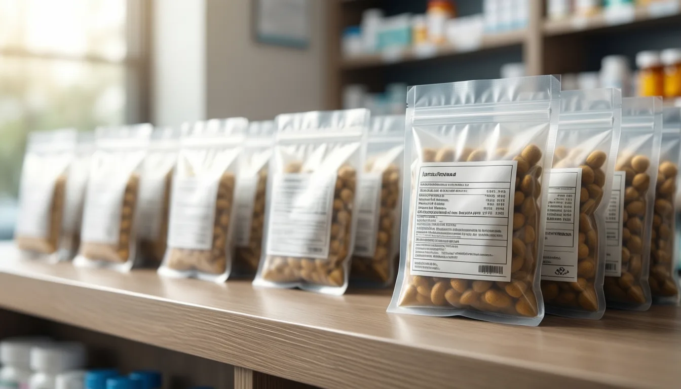 Prescription bags lined up at a pharmacy counter