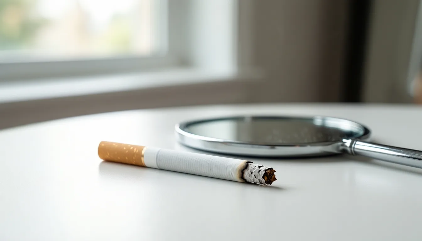 An unlit cigarette beside a small hand mirror on a white surface