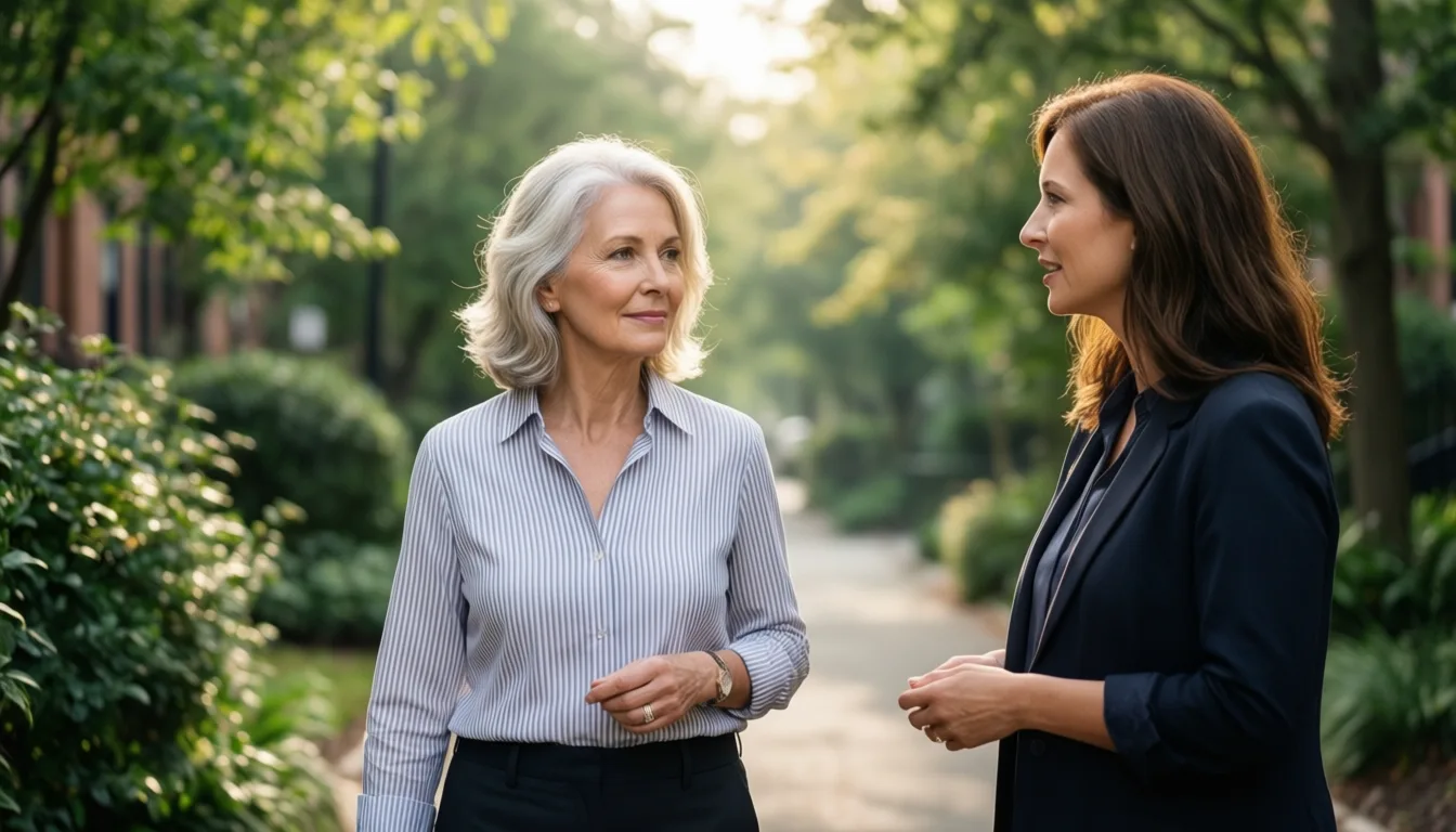 Two older women walking and talking on a tree-lined street in morning light