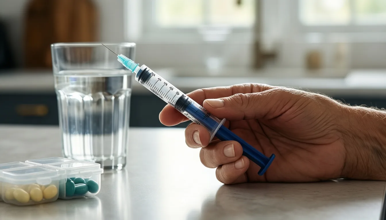 A patient's hand with an injector pen and pill organizer on a counter