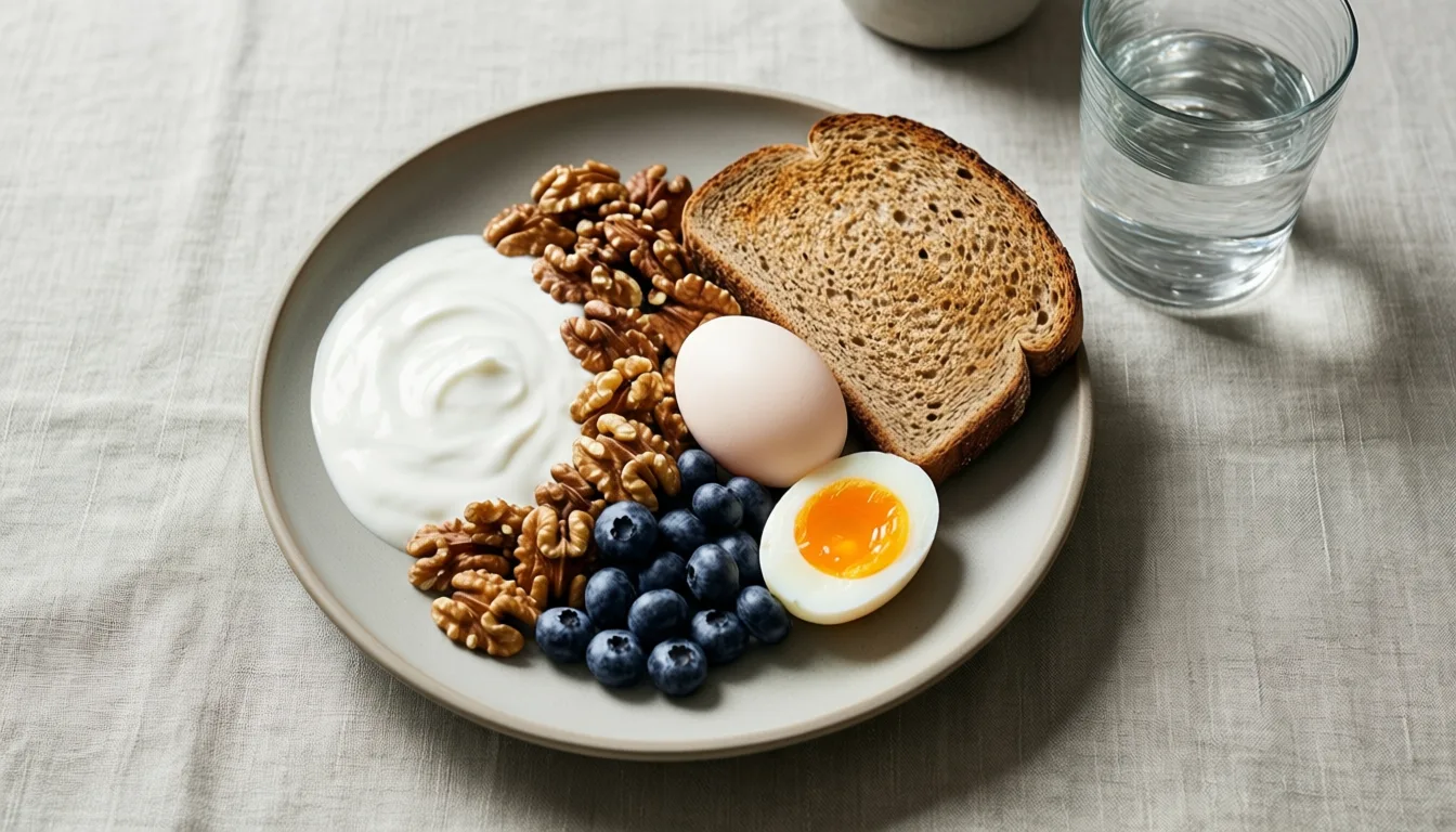 Overhead photo of a balanced breakfast with yogurt, eggs, berries and whole grain toast