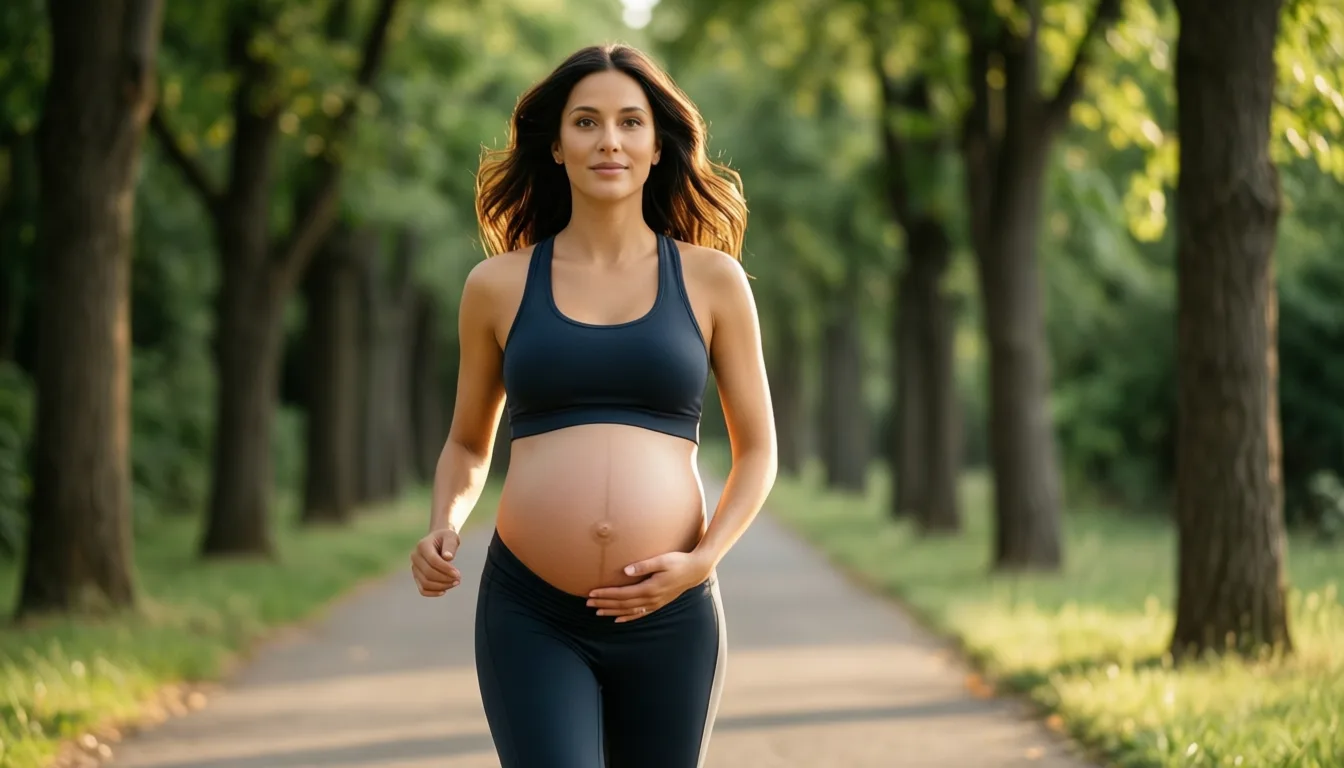 A pregnant woman walking on a tree-lined path