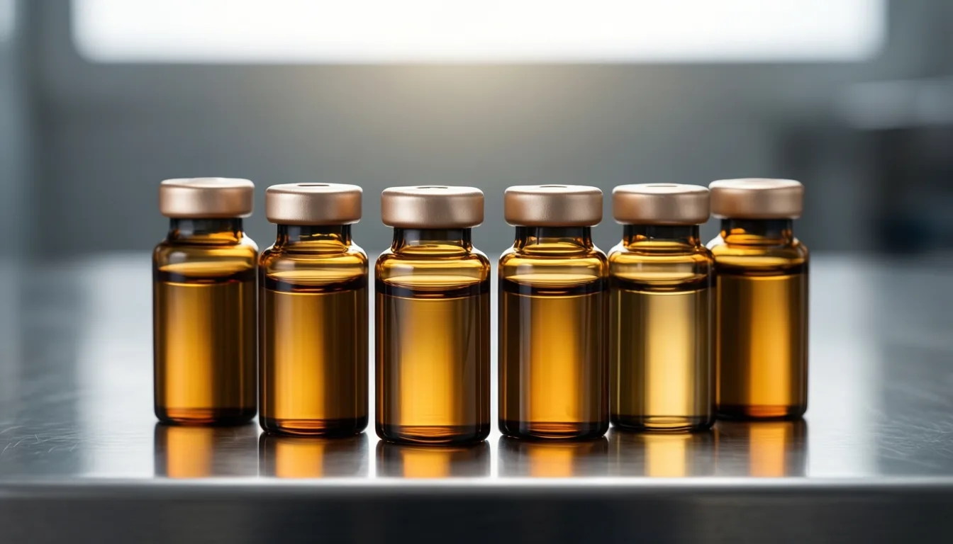 Row of glass serum vials on a lab bench