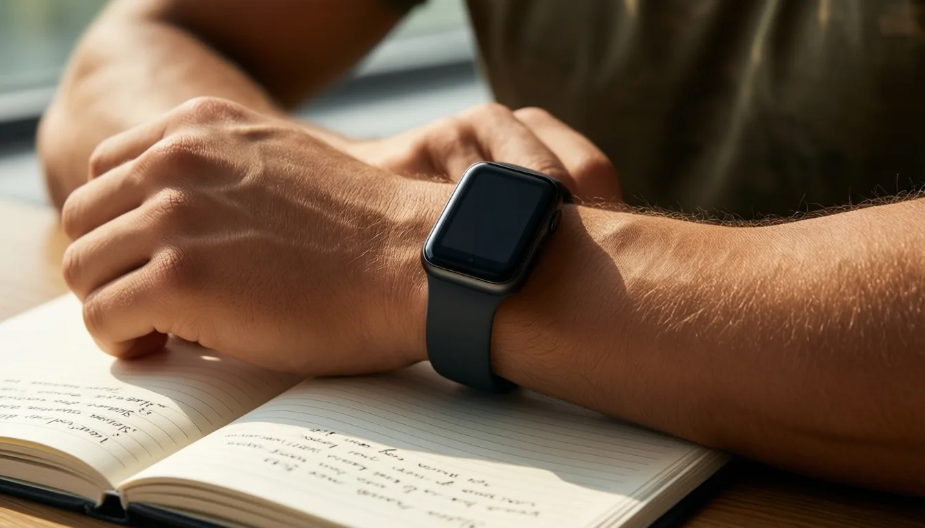 Soldier's wrist with fitness tracker beside a training notebook