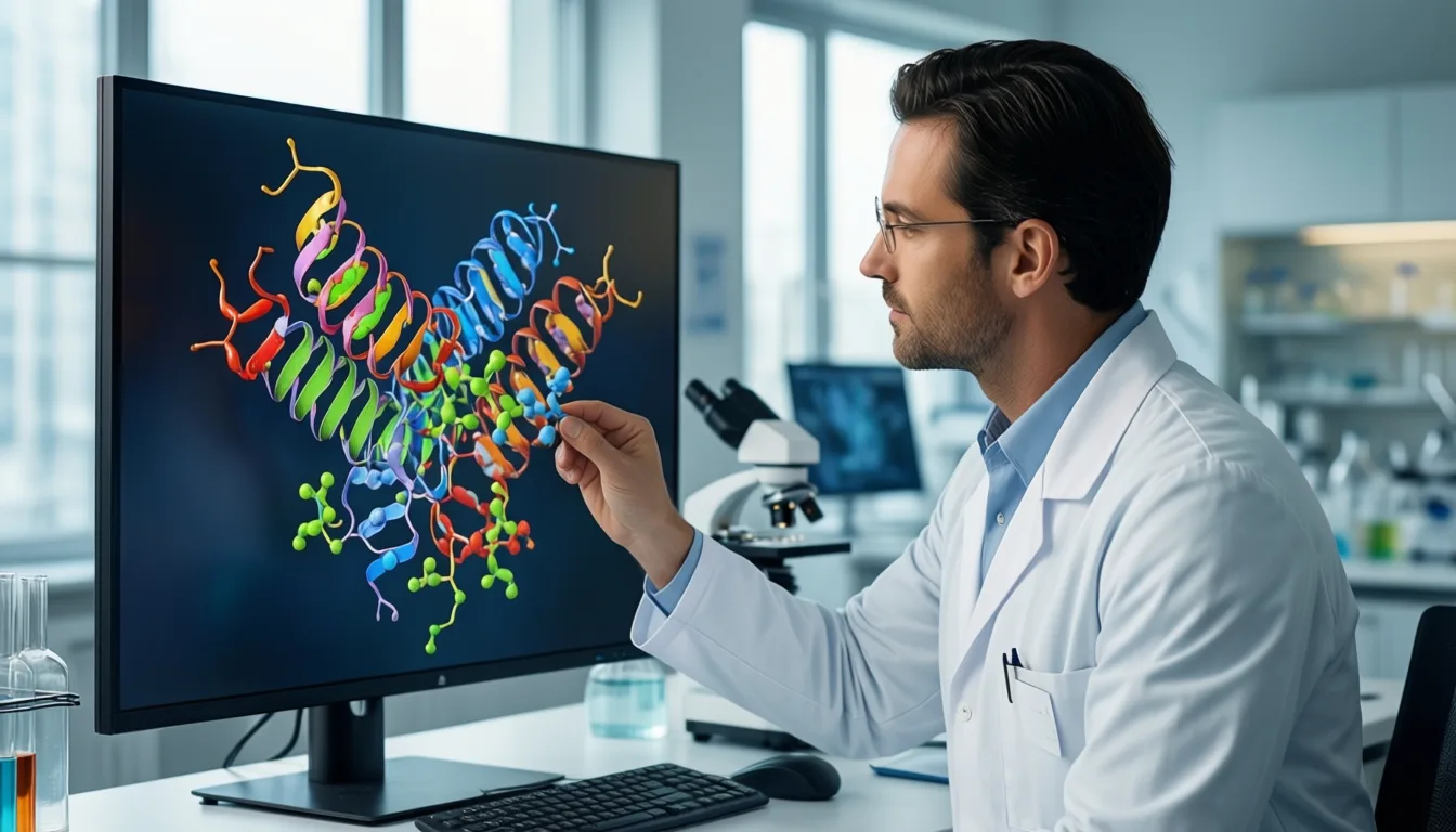 Scientist examining a 3D peptide model on a monitor