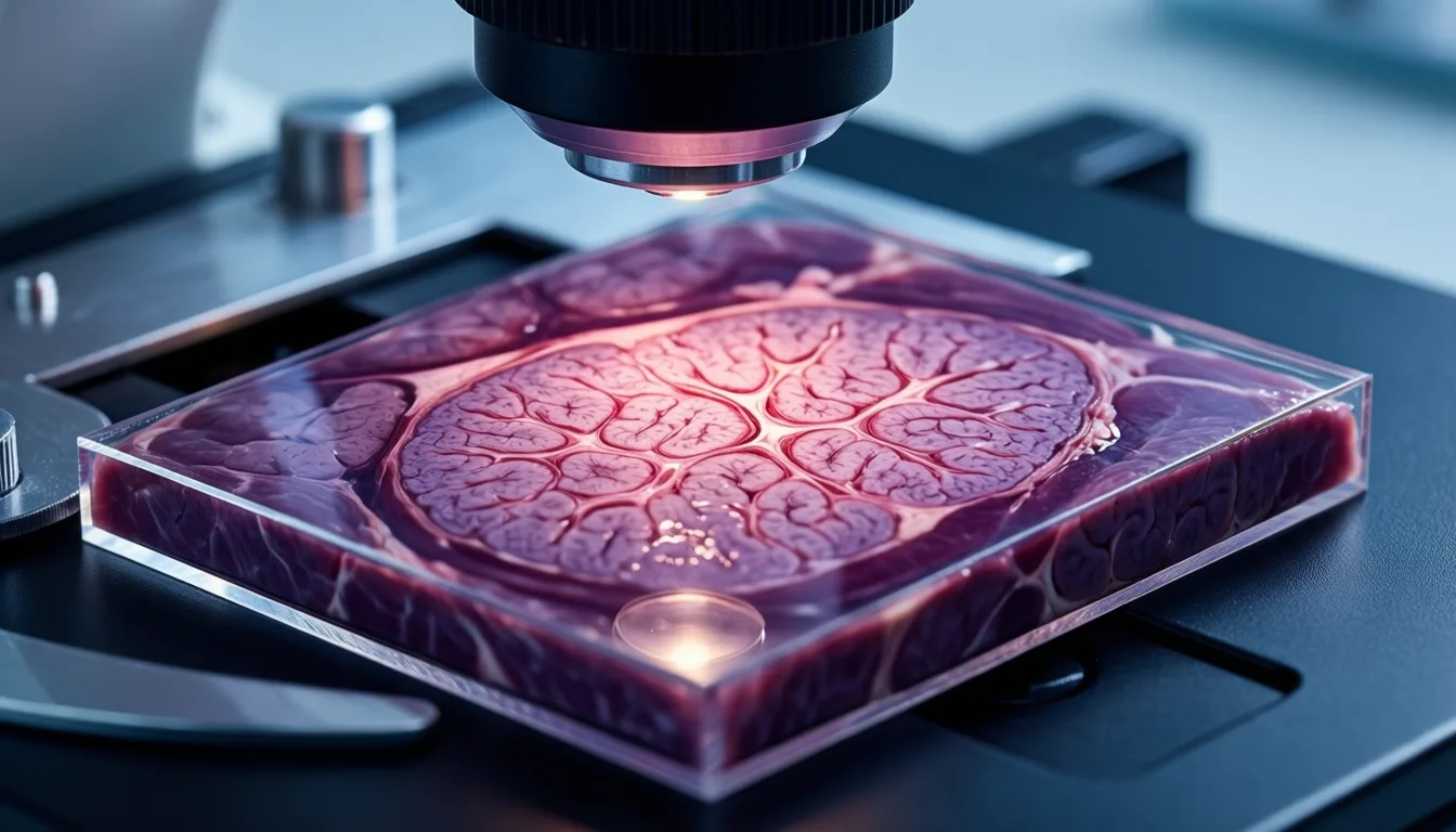 Microscope view of stained liver tissue showing hepatocyte structure