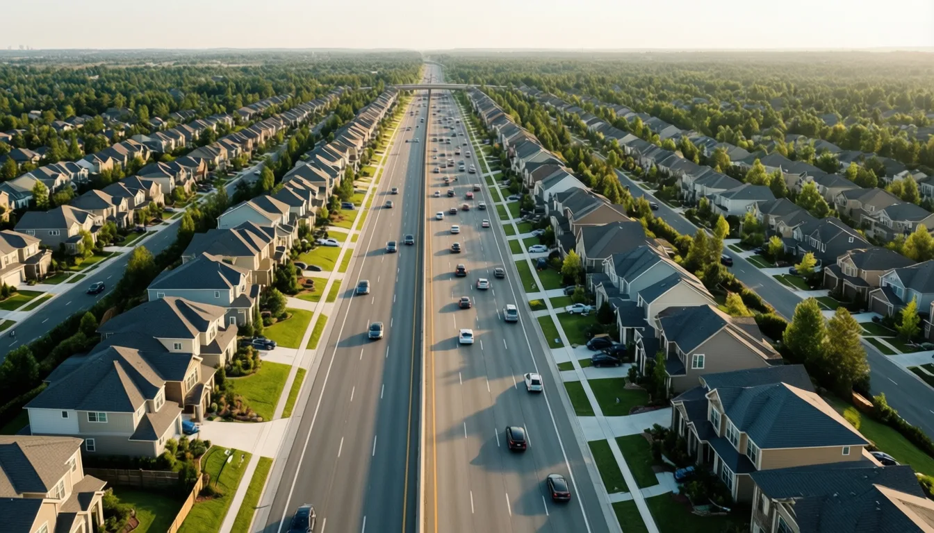 aerial view of homes bordering a highway