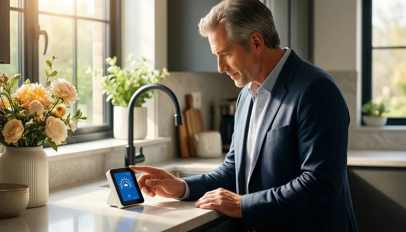 older man checking an indoor air quality monitor