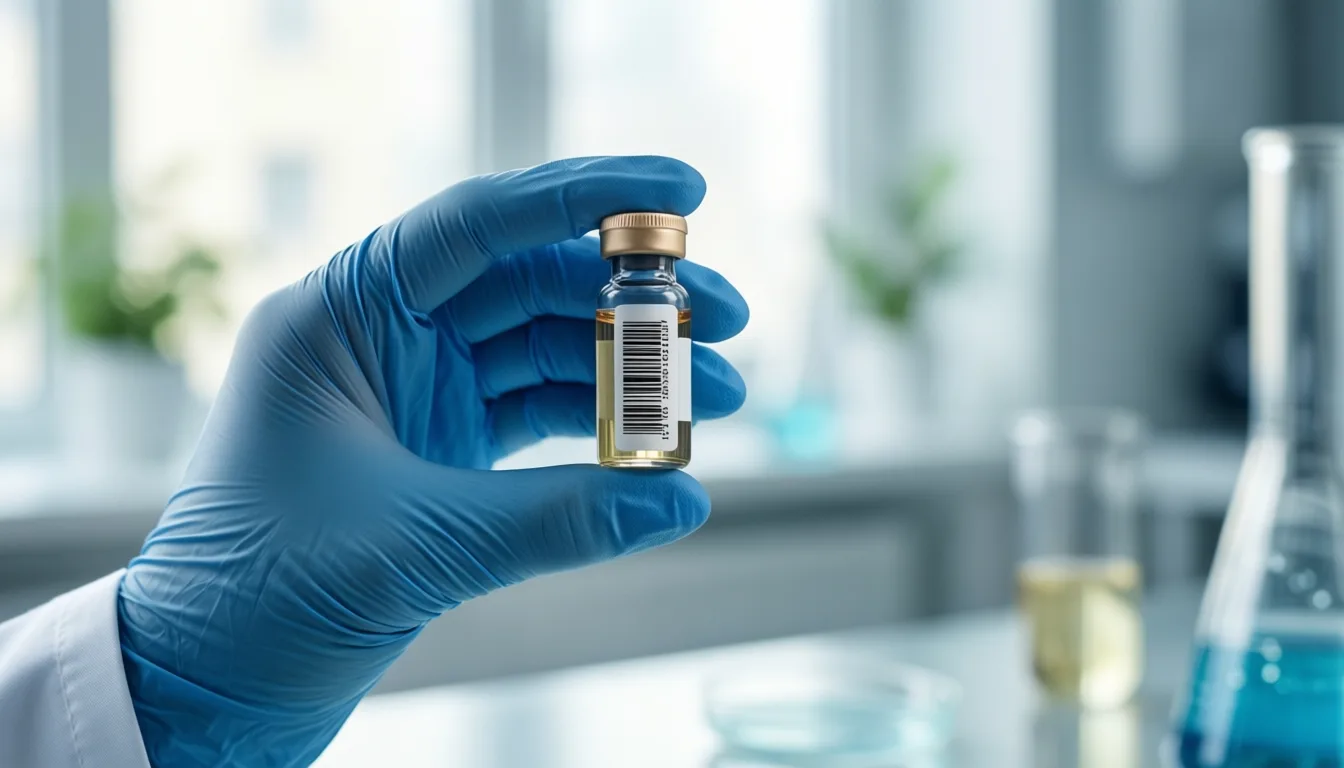 A gloved hand holds a small barcoded vial in a genomics laboratory.