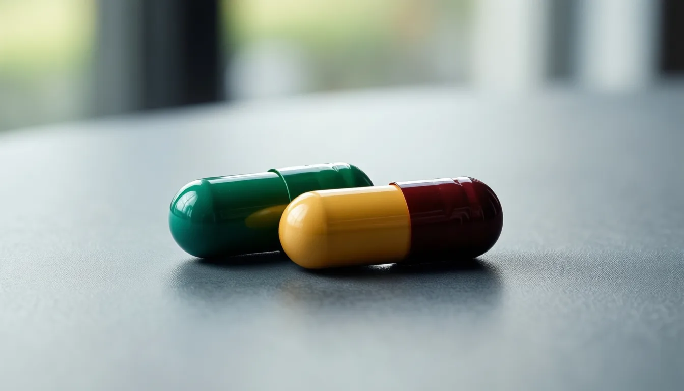 Two differently colored capsules sit side by side on a gray surface.