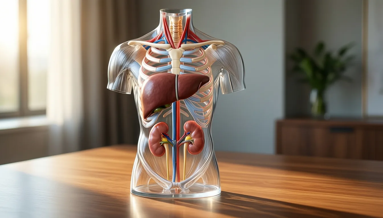 Anatomical torso model showing liver and kidneys side by side