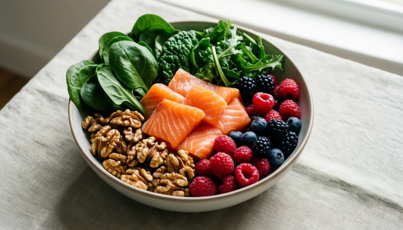 overhead photo of a meal with greens, salmon, walnuts, berries, and fermented vegetables