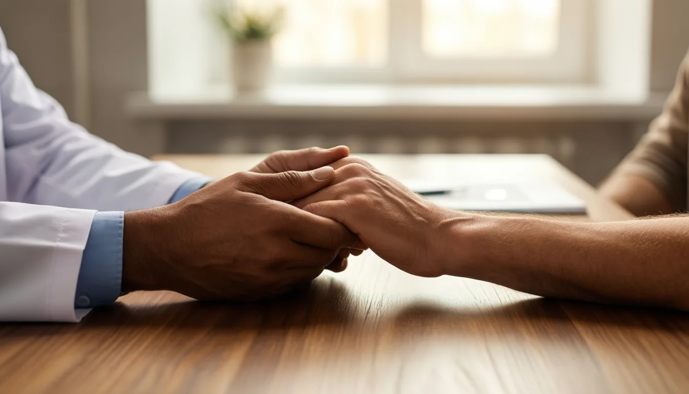 A clinician and patient holding hands across a desk in conversation
